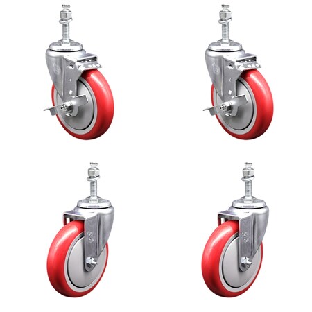 Service Caster 5 Inch SS Red Polyurethane Swivel 10mm Threaded Stem Caster Brakes, 2PK SSTS20S514-PPUB-RED-TLB-M1015-2-S-2